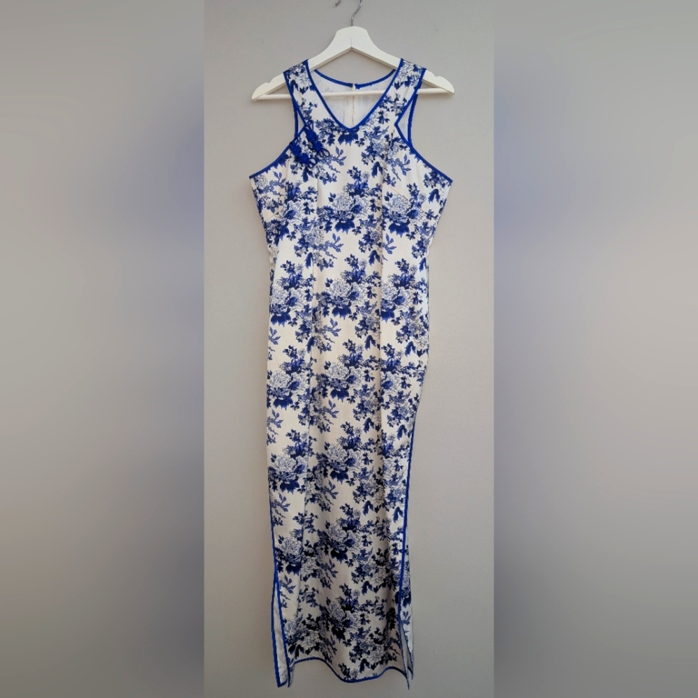 Custom Blue Peony Satin Chinese Maxi Dress with Double Slits Size L